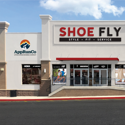 Storefront with two businesses: AppRunCo on the left with a mountain logo, and SHOE FLY on the right, advertising Style Fit Service, with various shoe brand signs visible in the window.