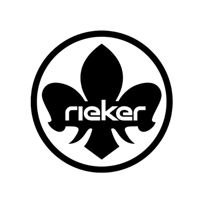 Black and white logo with a stylized fleur-de-lis inside a circle and the word rieker in lowercase letters across the center.