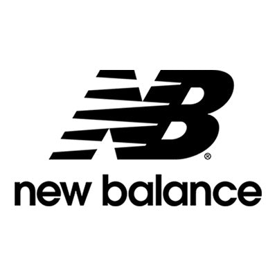 Black and white New Balance logo featuring a stylized NB with speed lines and the words new balance written in lowercase letters below.